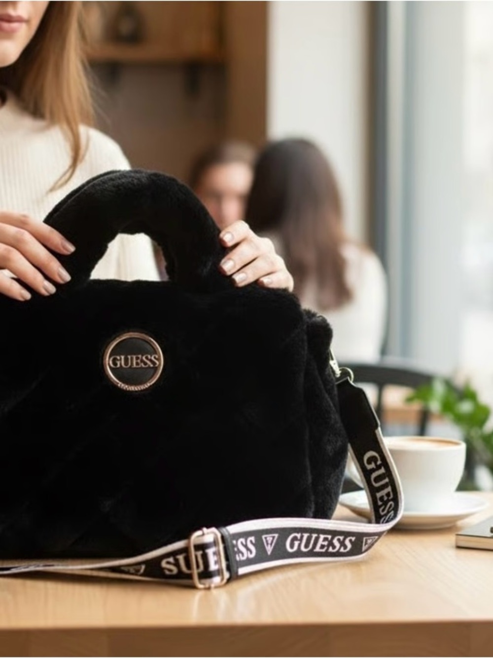 NWT GUESS Black Faux Fur Top-Handle Jodie Bag with Logo Strap